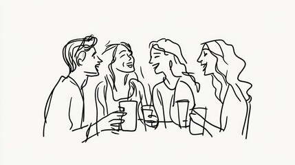 A minimalist line drawing of a group of people holding drinks, laughing and enjoying a casual gathering, drawn in simple, fluid pen strokes.