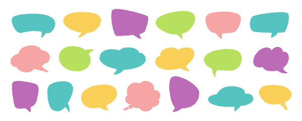 Empty colorful hand drawn grunge crayon, charcoal, chalk speech bubbles set in doodle style. Hand drawn crayon cloud message. Vector balloon speak sign dialog communication frame