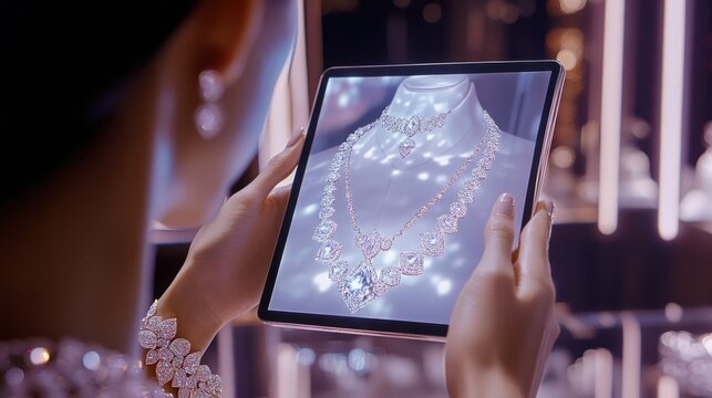 A vibrant digital shopping experience for diamond jewelry, with a user virtually trying on a diamond necklace and bracelet through augmented reality, in a sleek online platform - Powered by Adobe