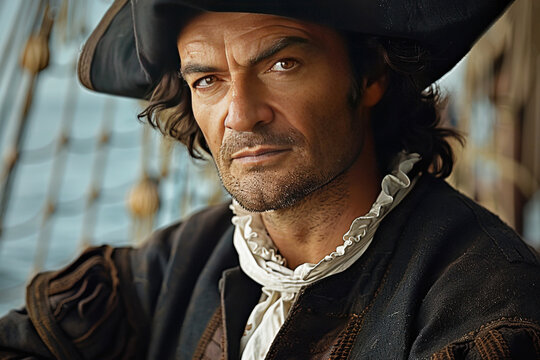 Columbus Christopher the navigator Spaniard traveler in a cocked hat on a galleon ship, background of the sails of the mast with a deck in the sea waves.