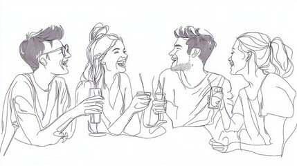 A minimalist line drawing of a group of people holding drinks, laughing and enjoying a casual gathering, drawn in simple, fluid pen strokes.