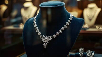 A vintage-style diamond necklace displayed on a velvet mannequin, with antique design elements and intricate detailing, showcased in a classic, luxury jewelry boutique