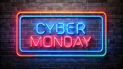 Fototapeta premium Vibrant neon sign promoting Cyber Monday sales on a brick wall backdrop, perfect for showcasing online shopping excitement.