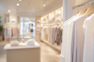 A stylish clothing store featuring neatly arranged garments and a modern interior design.