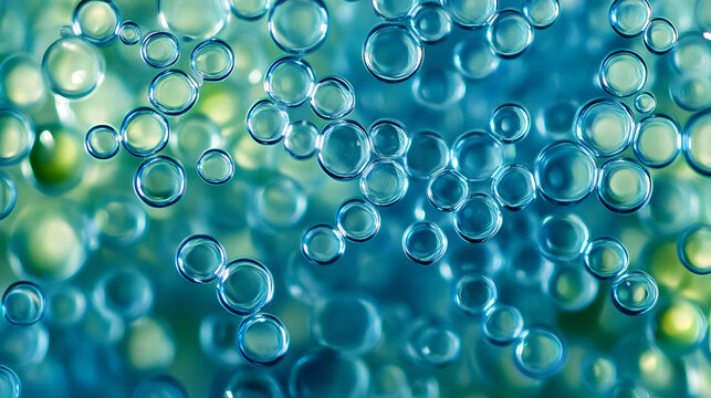 A minimalist design featuring s of tiny bubbles in cool tones of blue and green. The bubbles are arranged in an asymmetrical pattern giving a modern and artistic twist to the cellula