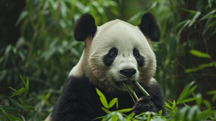 Obraz premium Close-up of a panda eating bamboo in a lush forest