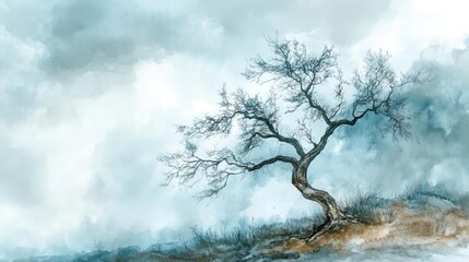 A solitary tree stands against a misty background, showcasing nature's beauty amidst a serene landscape.