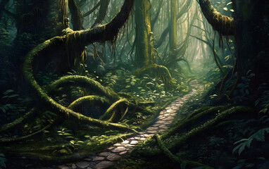 Obraz premium Fantasy dark forest with winding trail and ferns