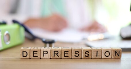 Doctor holds pen and writes medical diagnosis of depression to patient. Depression causes symptoms diagnosis and treatment concept