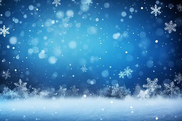 Snowflakes fall gently against a serene blue background during a winter evening