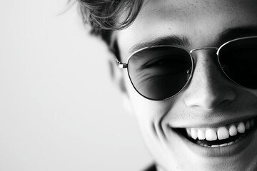 Closeup of a smiling young man with pilot sunglasses 