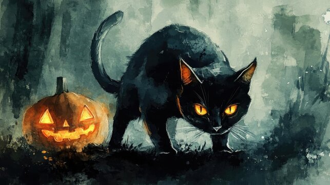 A mysterious black cat stands near a glowing pumpkin, set against a dark, moody background, perfect for Halloween themes.