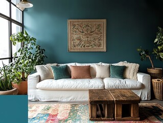 Cozy living room with white sofa, colorful cushions, wooden tables, indoor plants, and bright natural light, perfect for relaxation and gathering.
