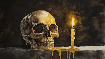 A dramatic still life featuring a skull next to a melting candle, set against a dark background evoking mystery and intrigue.