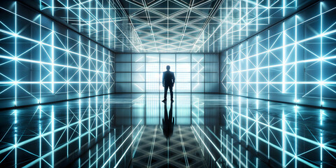 Silhouette of a person standing in an illuminated geometric hall with a reflection on the floor, silhouette, person