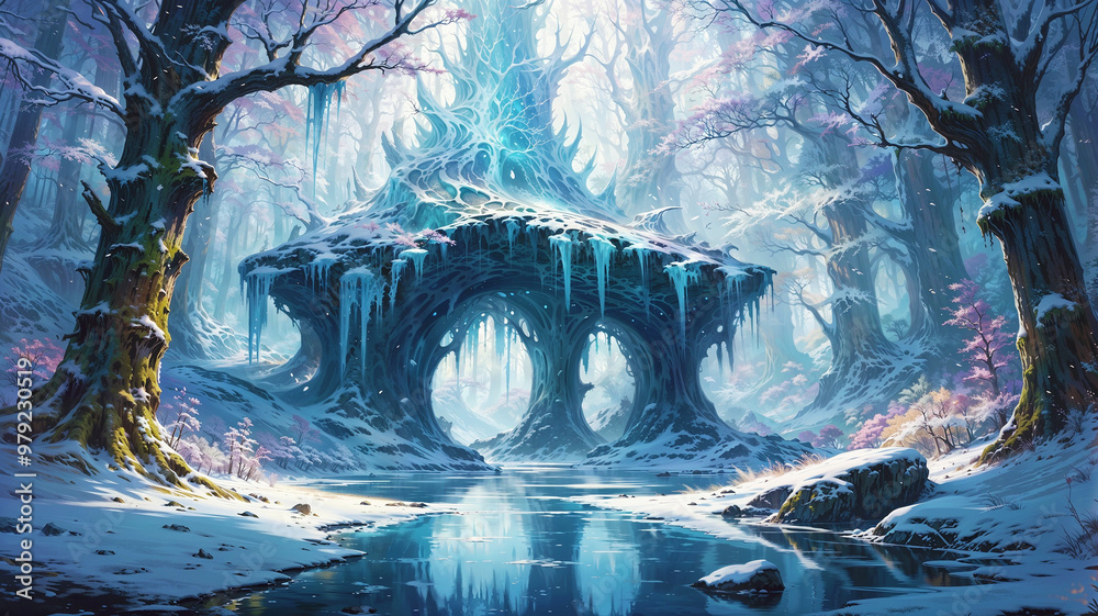 Wall mural magic winter forest with trees