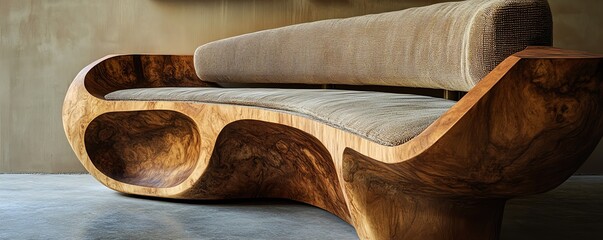Elegant modern wooden sofa with organic curves and comfortable cushions, perfect for contemporary home interiors.