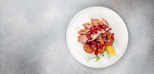 Duck breast fillets steak with plums, banner, menu, recipe place for text, top view