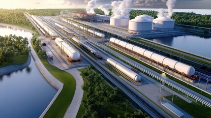 An energy transportation hub featuring both pipelines and LNG storage tanks, managing the distribution of natural gas across regions for reliable energy access