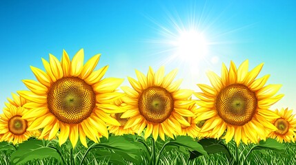 Fototapeta premium A field of sunflowers under a bright blue sky with the sun shining down.