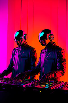 A high-contrast, close-up illustration of Daft Punk in black leather jackets, performing electronic music in a DJ booth with vivid system interface lights.