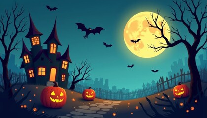  Spooky Halloween night with glowing jackolanterns and bats under a full moon