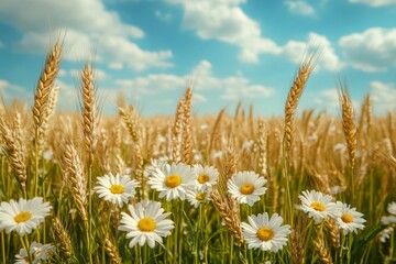 Obraz premium wheat field, daisies in the foreground, the sky in the background.