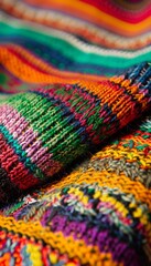 Multicolored Knitted Fabric with Intricate Patterns in Vibrant Colors, Texture Background