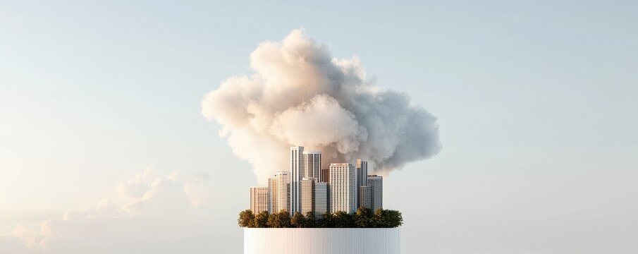 A surreal urban landscape with clouds and greenery, blending nature and city life in a harmonious view.