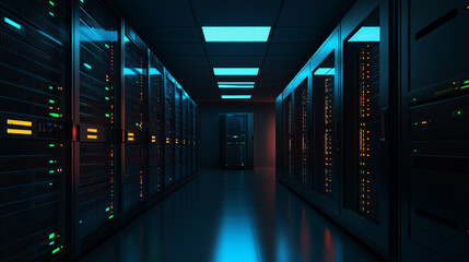 Fototapeta premium Server racks in computer network security server room data center 3D render dark blue. 3d waiter