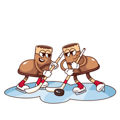 Groovy hockey game of two boots cartoon characters. Funny retro footgear playing with sticks and puck. Winter leisure mascot, cartoon hockey players sticker of 70s 80s style vector illustration