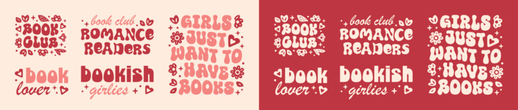 Book lovers club funny bookish girl romance readers girlies quotes sticker shirt design pack bundle set. Cute floral pink groovy retro vintage aesthetic lettering text printable gifts cut file.