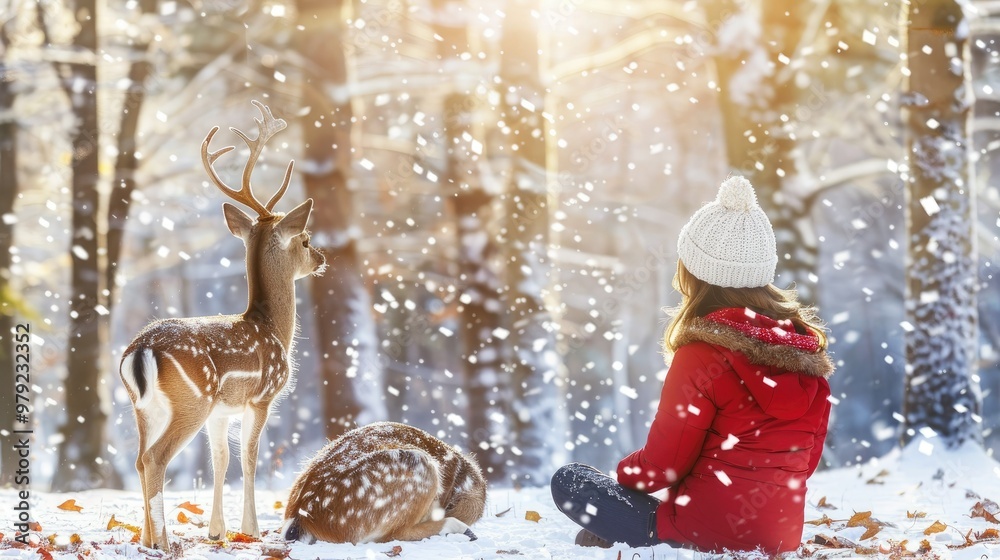 Poster a little girl in red winter and a white hat sits on the snow with her pet deer