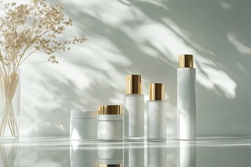 Elegant composition of white cosmetic bottles with gold caps and natural plant shadows on a minimalist background.
