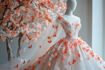 white and coral pink birds royal bridal gown ,beautifully decorated modest royal wedding dress with a long train, mannequin