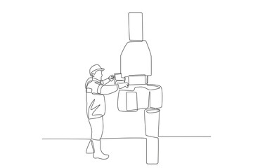 An oil mine worker is installing a drill. Oil field work concept one-line drawing