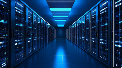 Fototapeta premium Server racks in computer network security server room data center 3D render dark blue. 3d waiter