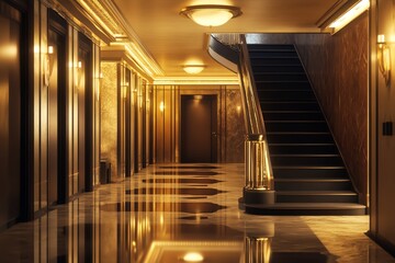 Elegant hotel lobby with a grand staircase, marble floors, and ambient lighting creating a luxurious atmosphere.