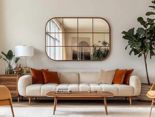 Modern living room with cozy beige sofa, large mirror, and stylish decor. Perfect space for relaxation and comfort.