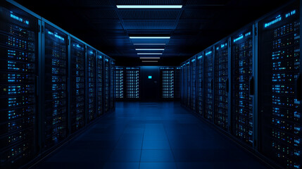 Fototapeta premium Server racks in computer network security server room data center 3D render dark blue. 3d waiter