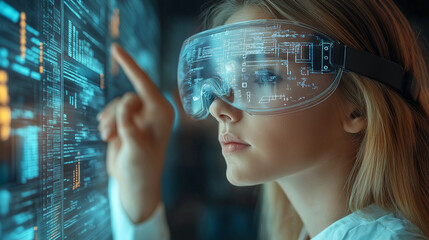 beautiful business woman with transparent VR big glasses touching olographic screen with kpi graphics and projects data