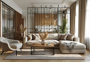 decorative openwork partition with ornament in a modern French apartment interior, bright room with white accents