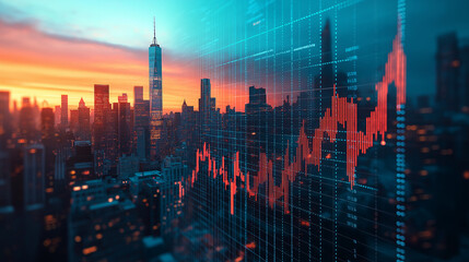 market bar chart with numbers letting see at sunset New York city business center in background representing finance investment and trading concept. 