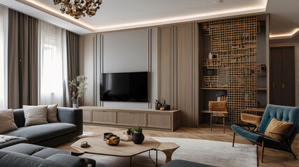 Fototapeta premium decorative openwork partition with ornament in a modern French apartment interior, bright room with white accents