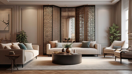 Fototapeta premium decorative openwork partition with ornament in a modern French apartment interior, bright room with white accents
