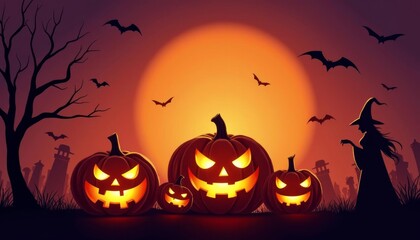  Spooky Halloween scene with jackolanterns and bats