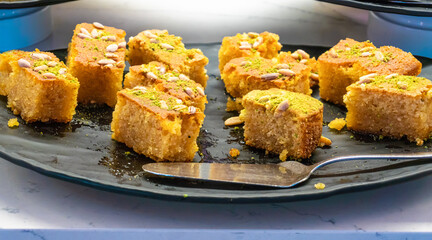 Revani – Yogurt Semolina Cake in Syrup, Turkish Dessert, Close-Up