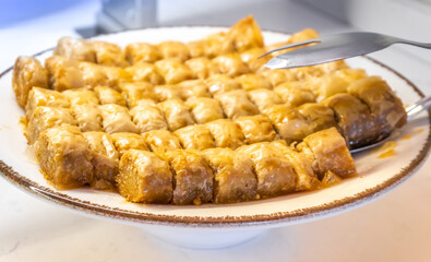 Baklava – Traditional Turkish Dessert with Honey Syrup, Close-Up