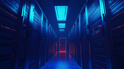 Server racks in computer network security server room data center 3D render dark blue. 3d waiter