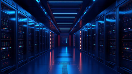 Server racks in computer network security server room data center 3D render dark blue. 3d waiter